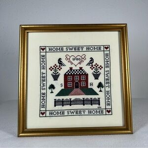 Vintage Needlepoint Cross Stitch Framed HOME SWEET HOME